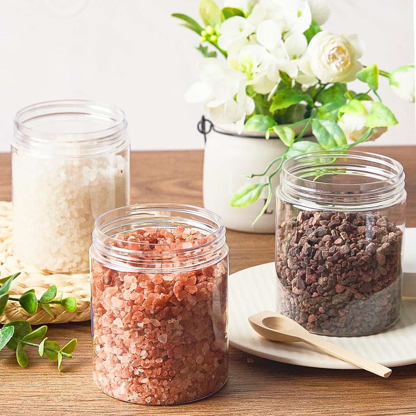 TUZAZO 24 Pack Plastic Jars with White Lids and Labels, 12pcs 8 OZ and 12pcs 4 OZ Round Clear Cosmetic Containers for Body Butter, Body Scrub, Cream, Lotion, Slime Jar, Small Items, Travel Storage