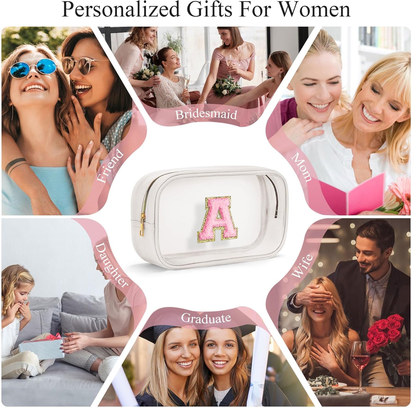 YOOLIFE Initial Make Up Bag Travel Toiletry Bag, Clear Makeup Bag Preppy Cosmetic Bag Gifts for Women Teen Girlfriend Teacher 16 Year Old Girl Gifts Daughter Gifts Swim Gifts For Girls White K