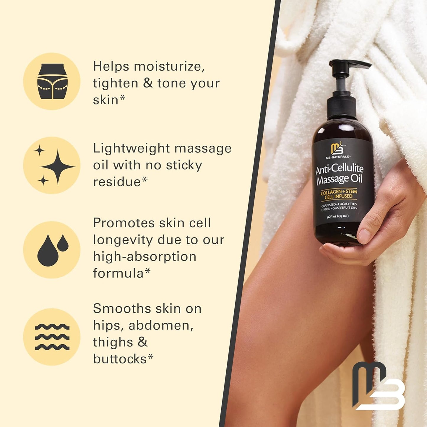 M3 Naturals Firming Body Massage Oil with Collagen & Stem Cell – Helps Smooth The Appearance of Cellulite & Improve Skin Texture – Refreshing Aromatherapy Body Oil for Legs & Full Body – 16 Fl Oz