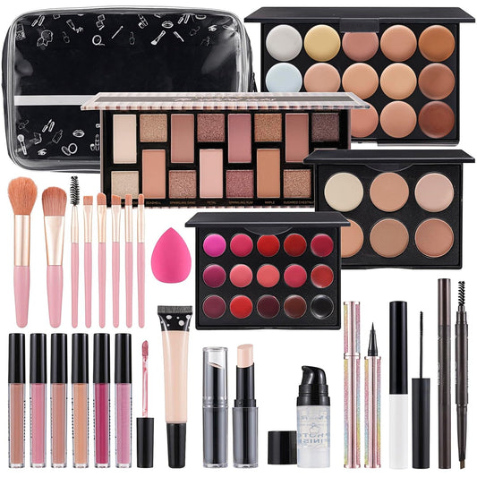 Makeup Kit For Women Full kit, Makeup Set For Teen Girls Eyeshadow Lip gloss Lipstick Make up Brushes Eyebrow Eyeliner Pen Liquid Concealer Foundation Primer Puff Eye shadow Shields Eye Brow Stencil
