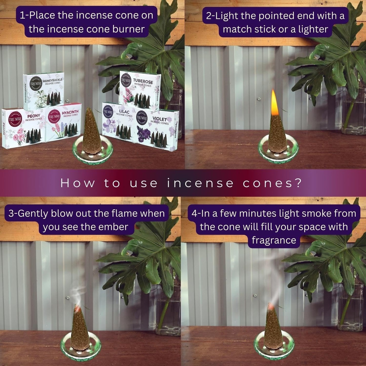 TRUMIRI Blossom Incense Cones - Variety Pack - Total 60 Cone Incense (6 Scents x 10 Conos) - Peony, Lilac, Violet, Honeysuckle, Hyacinth, Tuberose - Cone Incense Scents - Insense Cones - Incent Cone