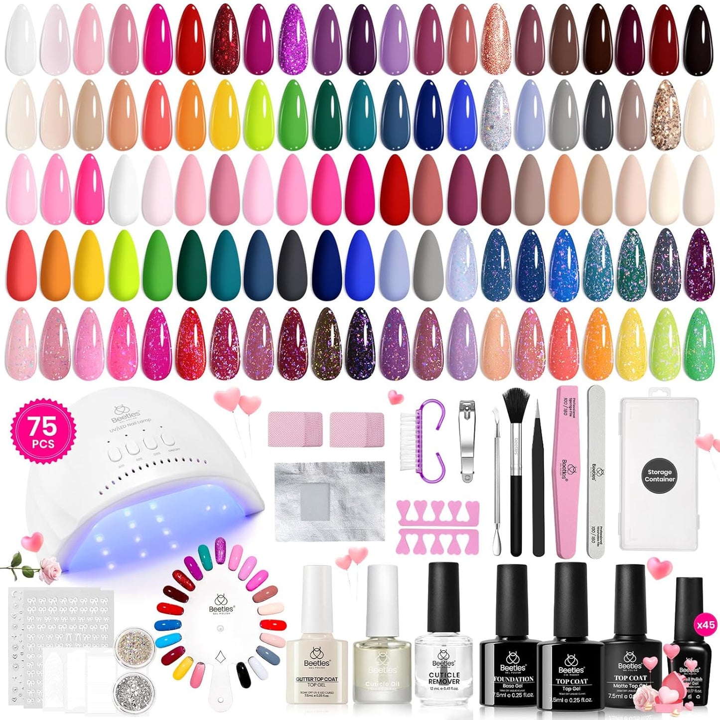 Beetles Gel Nail Polish Kit with U V Light-75PCS Chic Outfits 45 Colors Gel Polish Starter Kit,Soak Off All Season Gel Nail Kit with 5PCS Base Top Coat Nail Art Tools-Perfect Manicure Kit for Women