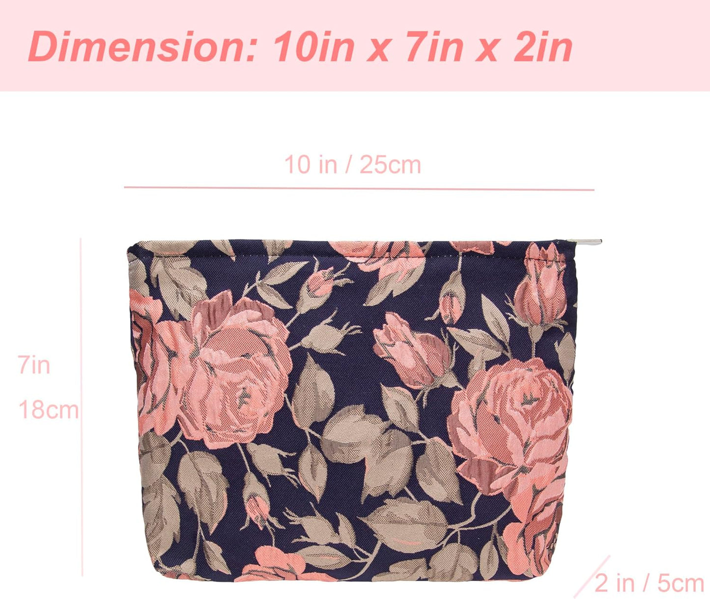 PAZIMIIK Makeup Bag Large Cotton Zipper Pouch for Purse Travel Canvas Make Up Organizer for Women Cosmetic,Rose Black Blue