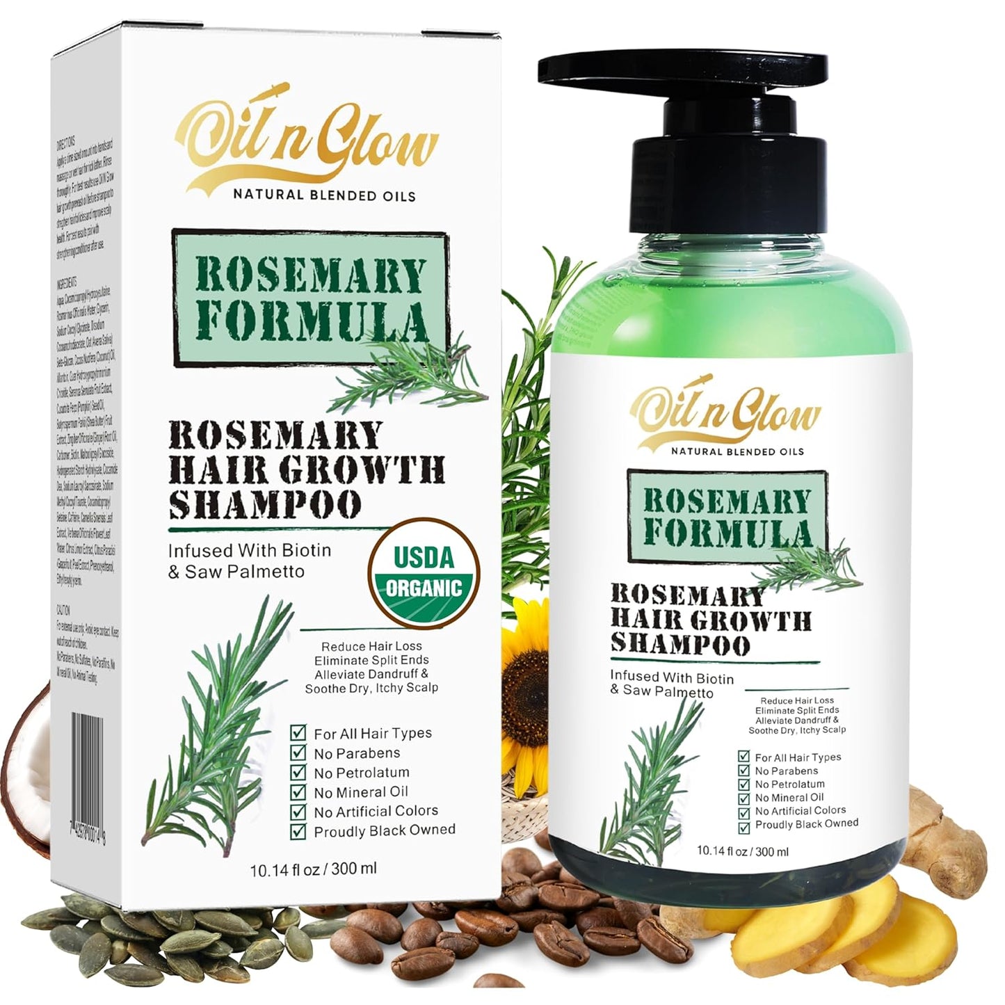 USDA Organic Rosemary Hair Growth Shampoo For Thickening, Regrowth & Strengthening for Men & Women with Biotin, Scalp DHT Blocker Saw Palmetto For Thinning Hair Loss 10 Fl. Oz- Fragrance Free