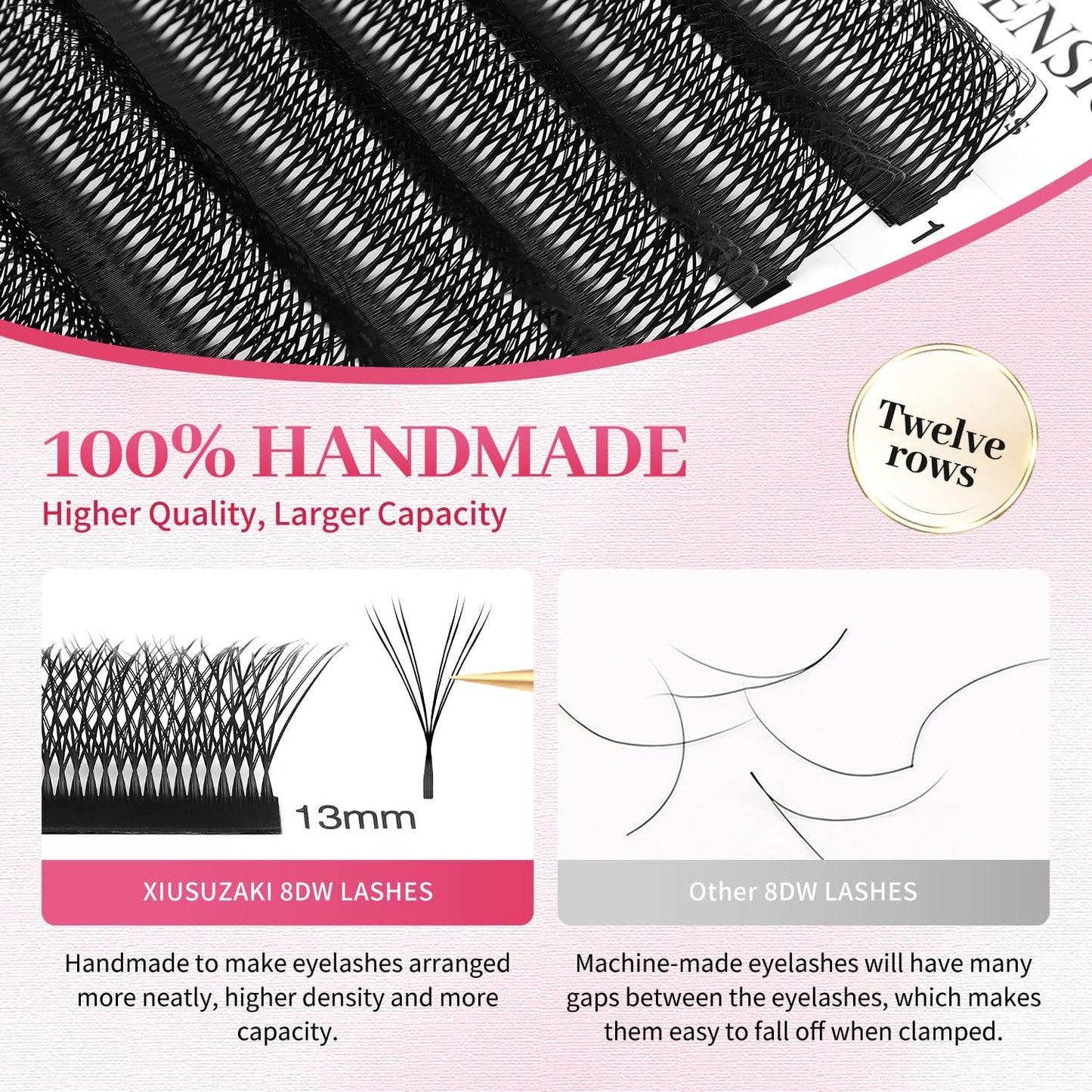 Lash Extensions Double Tips 4D Eyelash Extensions W Shape 0.07mm Thickness C Curl 13mm Premade Fans Easy Fan Volume Lashes Matte Black Crisscross(W-4D-Double Tips-0.07-C,13mm)