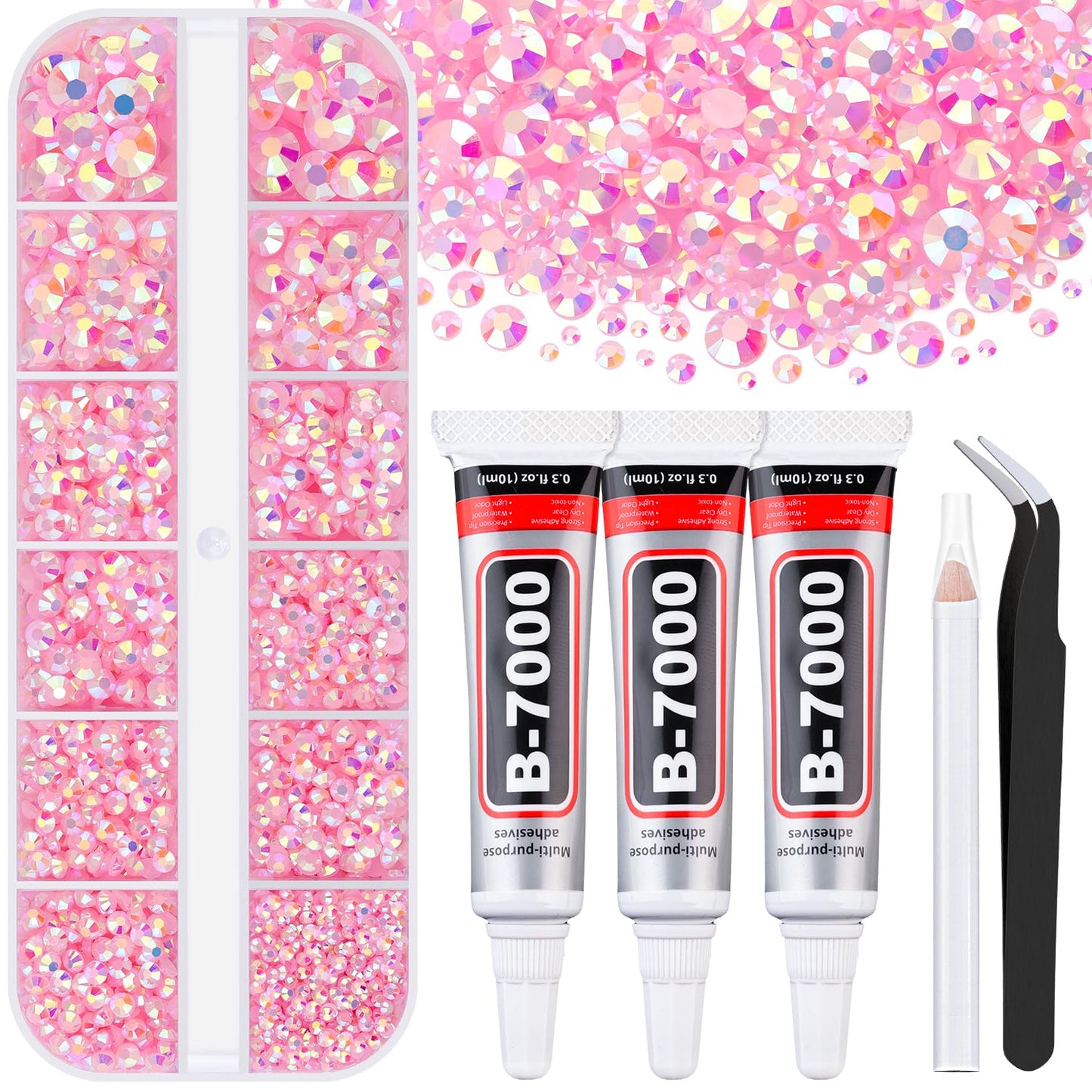 6000Pcs Resin Rhinestones for Bedazzling with 3Pcs B7000 Jewelry Glue, 1 Box Light Pink AB Flatback Rhinestones for Crafting Crafts DIY, Crystals Gems for Clothing Shoes Tumblers Nail Art Makeup