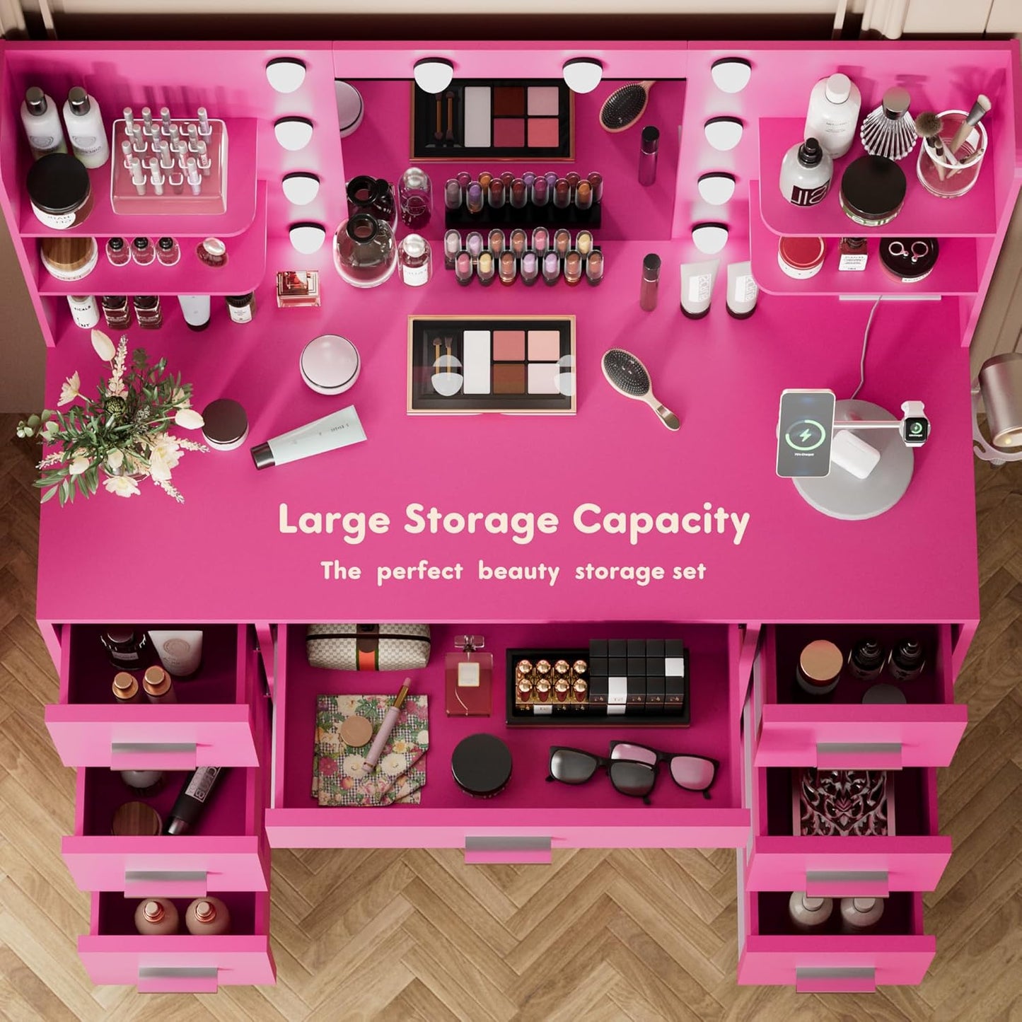 YESHOMY Vanity Desk with Mirror, Power Outlet and 10 Lights, Makeup Table with 7 Drawers, 3 Color Modes Available for Bedroom, Rose Red