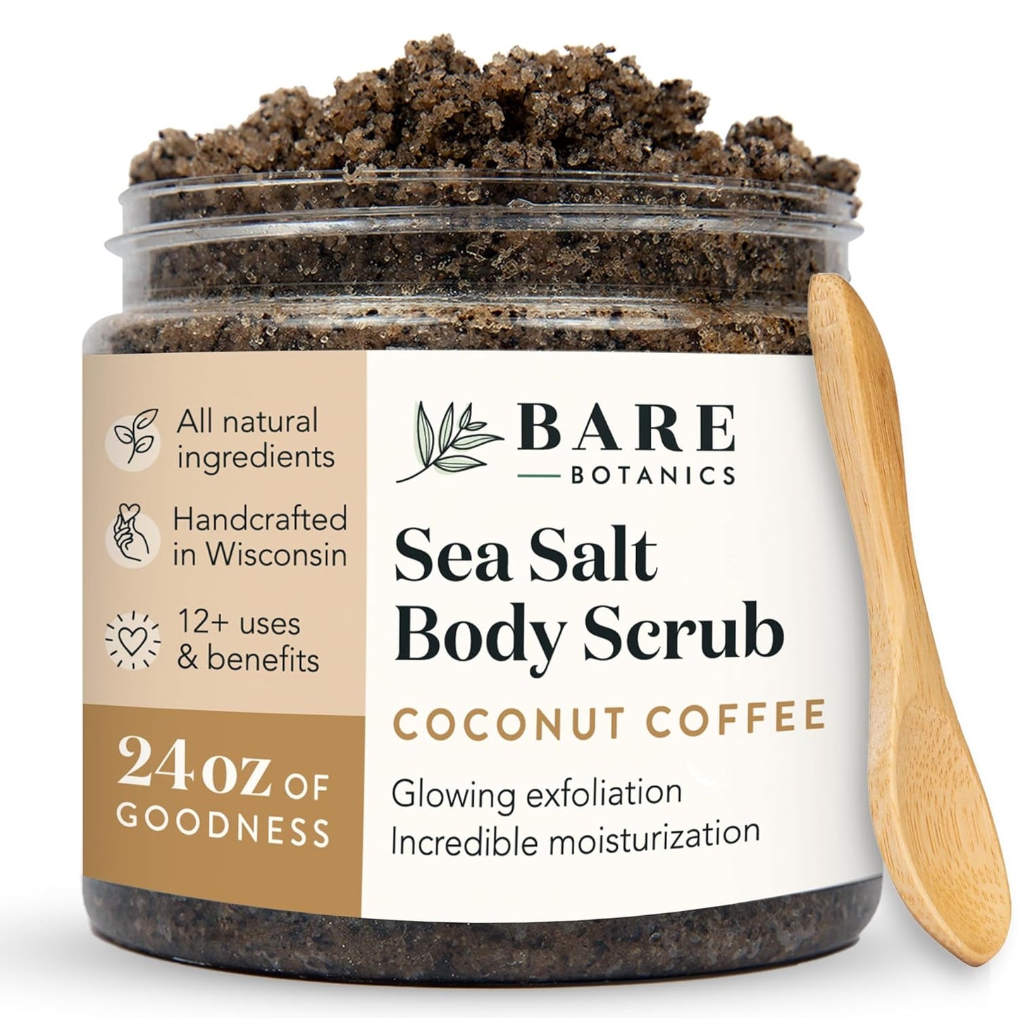 Bare Botanics Coconut Coffee Body Scrub 24oz | Made in Madison, WI | All Natural Sea Salt Exfoliator w/ Skin Loving Moisturizers | Vegan & Cruelty Free | Gift Ready Packaging w/ a Cute Wooden Spoon