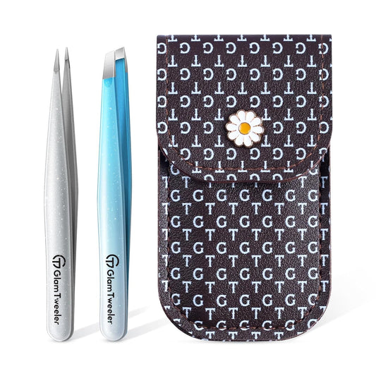 Expert Slant and Point Tip Tweezer Set with Exclusive Storage & Carrying Case, GlamTweeler Sharp & Precision Tweezer Set for Eyebrows, Facial Hairs and Fine Hairs Removal (Sparkle Blue + Silver)