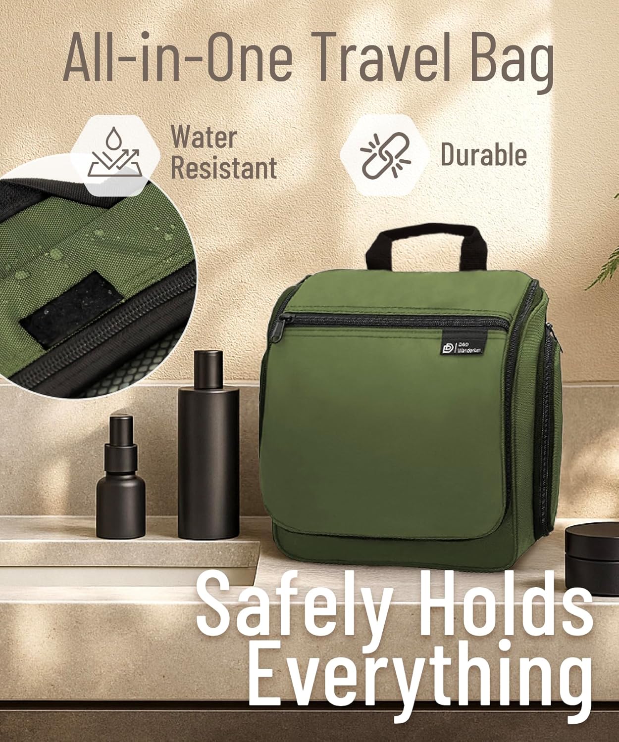 D&D Hanging Travel Toiletry Bag for Men and Women – Large Cosmetics, Makeup and Toiletries Organizer Kit with 10 Compartments, YKK Zippers, XXL Metal Swivel Hook, Water-Resistant Nylon