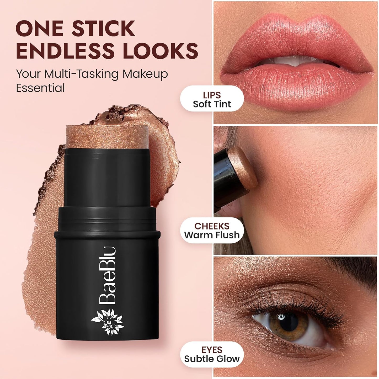 Organic Blush Tube, Amaretto - 100% Natural Vegan Cream Blush Sticks, Multi-Use Bronzer, & Highlighter for Lips, Cheeks & Eyes, Buildable Shimmer, Gluten-Free, Paraben-Free, Made in USA