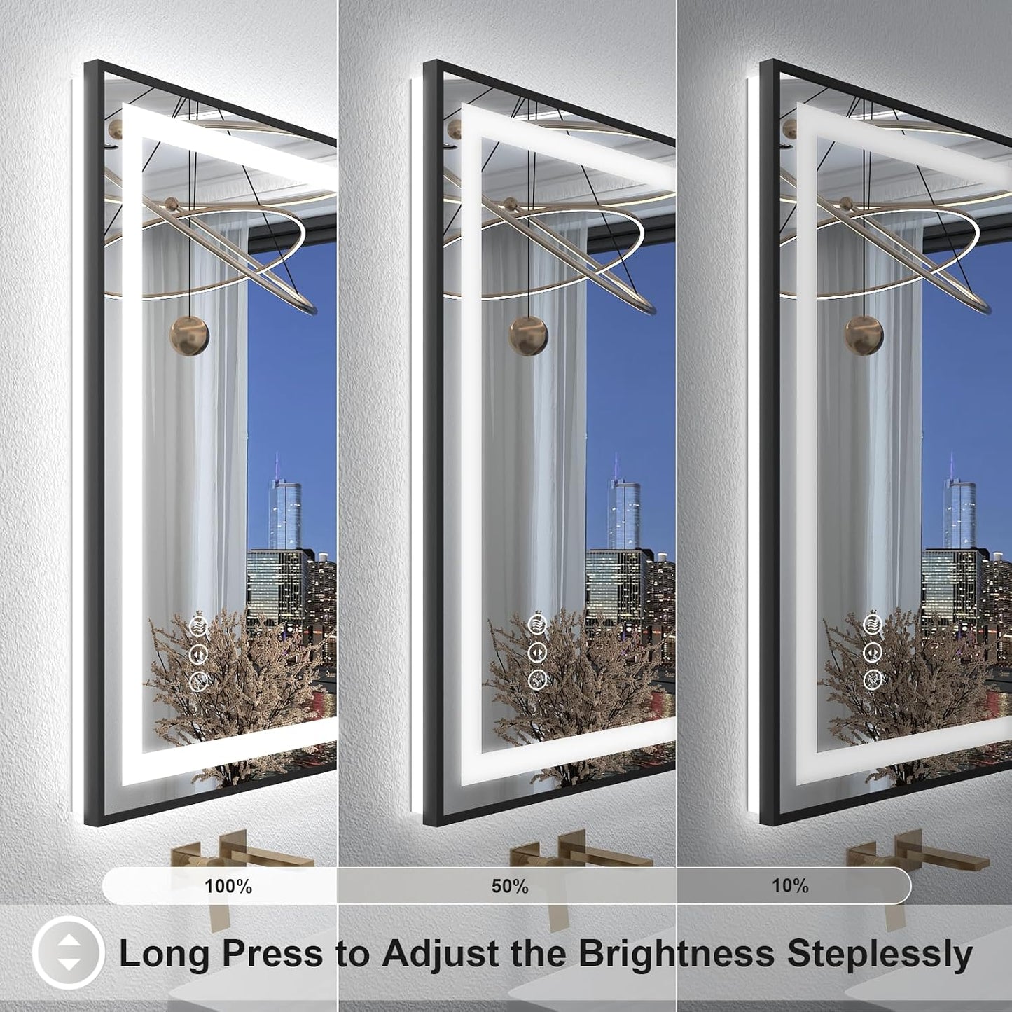 OKPAL 66x36 LED Bathroom Mirror with Lights, Frontlit & Backlit Lighted Bathroom Mirror, Black Lighted Bathroom Vanity Mirror, Anti-Fog, Dimmable 3 Colors, Shatterproof, Horizontal/Vertical