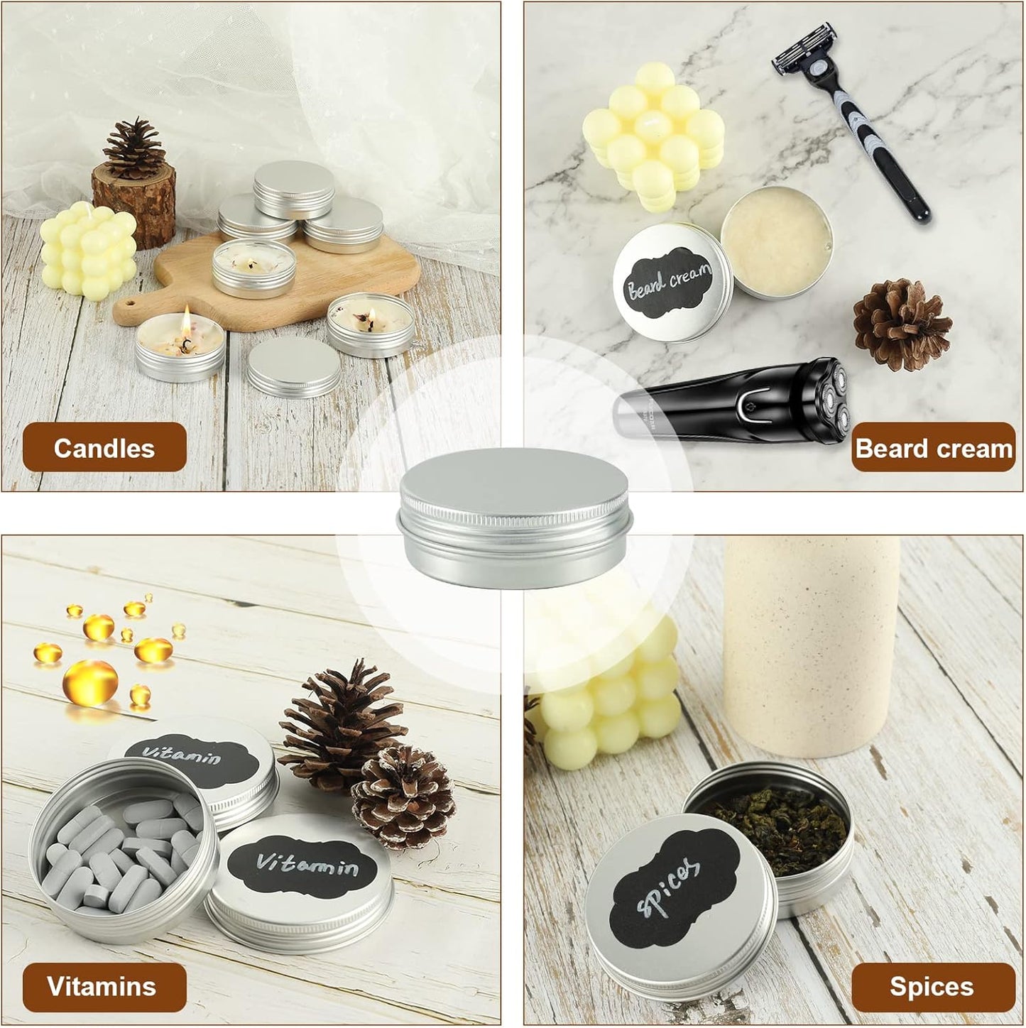 96 Pack Round Cans with Screw Lid 2 Oz Aluminum Metal Tins DIY Food Candle Containers for Lotion Bars, Balms, Salve, Spices, Beard Balm, Crafts with 4 Markers 3 Sheets Label Stickers (Silver)