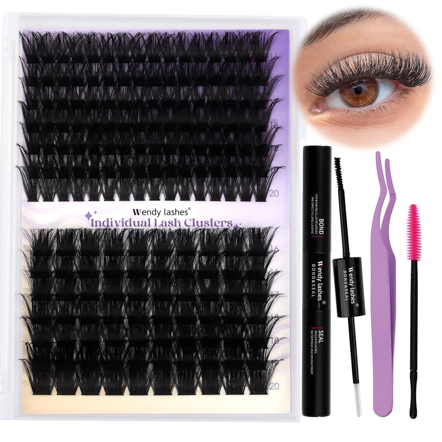 Lash Clusters Kit for Using at Home: Ultra-light, DIY, Natural, Fluffy, Wispy, Waterproof, Anime, Manga, Cat Eye, D Curl, 16-20mm, 100P+200P, Wendy, RT318