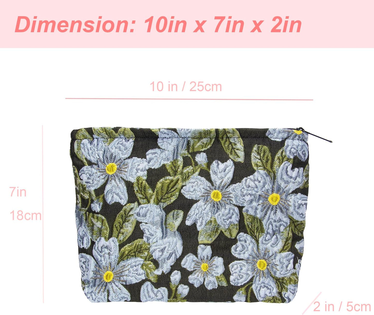 PAZIMIIK Makeup Bag Large Cotton Zipper Pouch for Purse Travel Canvas Make Up Organizer for Women Cosmetic,Brocade Flower Black