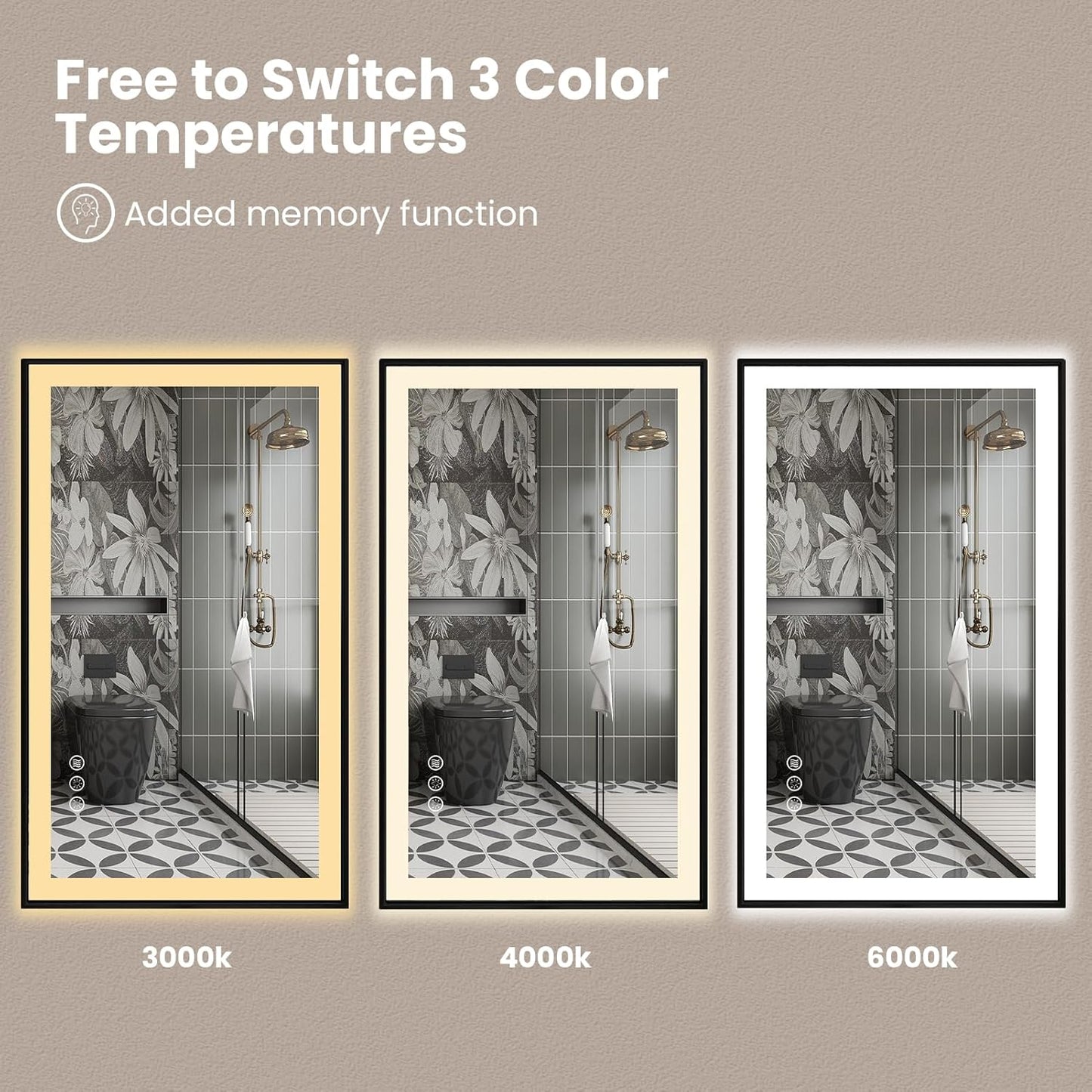 Amorho 30"x 36" LED Bathroom Mirror with Black Frame, Front Light and Backlit(Controlled Separately), Stepless Dimmable, Anti-Fog, Shatter-Proof, 3 Colors, Memory