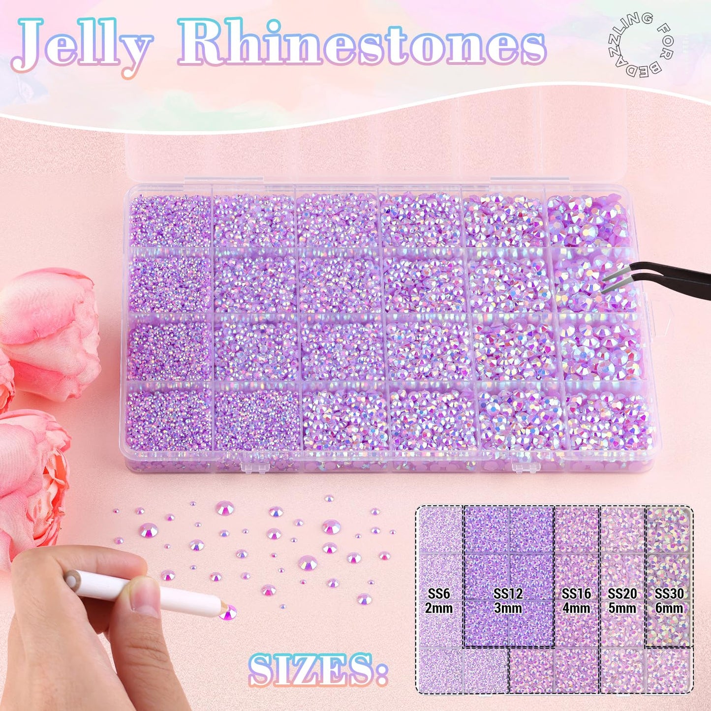 25000Pcs Resin Jelly Rhinestones with Tweezers for Crafting, 2-6mm Mixed Sizes (Lavender Purple AB) Non Hotfix Flatback Gems, Bedazzling Crystal for DIY Crafts Clothing Tumblers Shoes Decor Nail Art