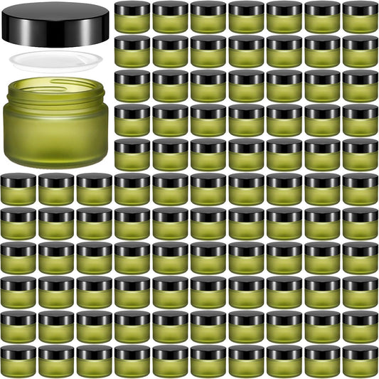 Domensi 100 Pcs 1 oz Glass Jars with Lids Bulk Round Glass Cosmetic Jars Lids 1 oz Small Travel Containers with Inner Liner for Lotions Powders Ointments Sample Cream(Bean Green,Black)
