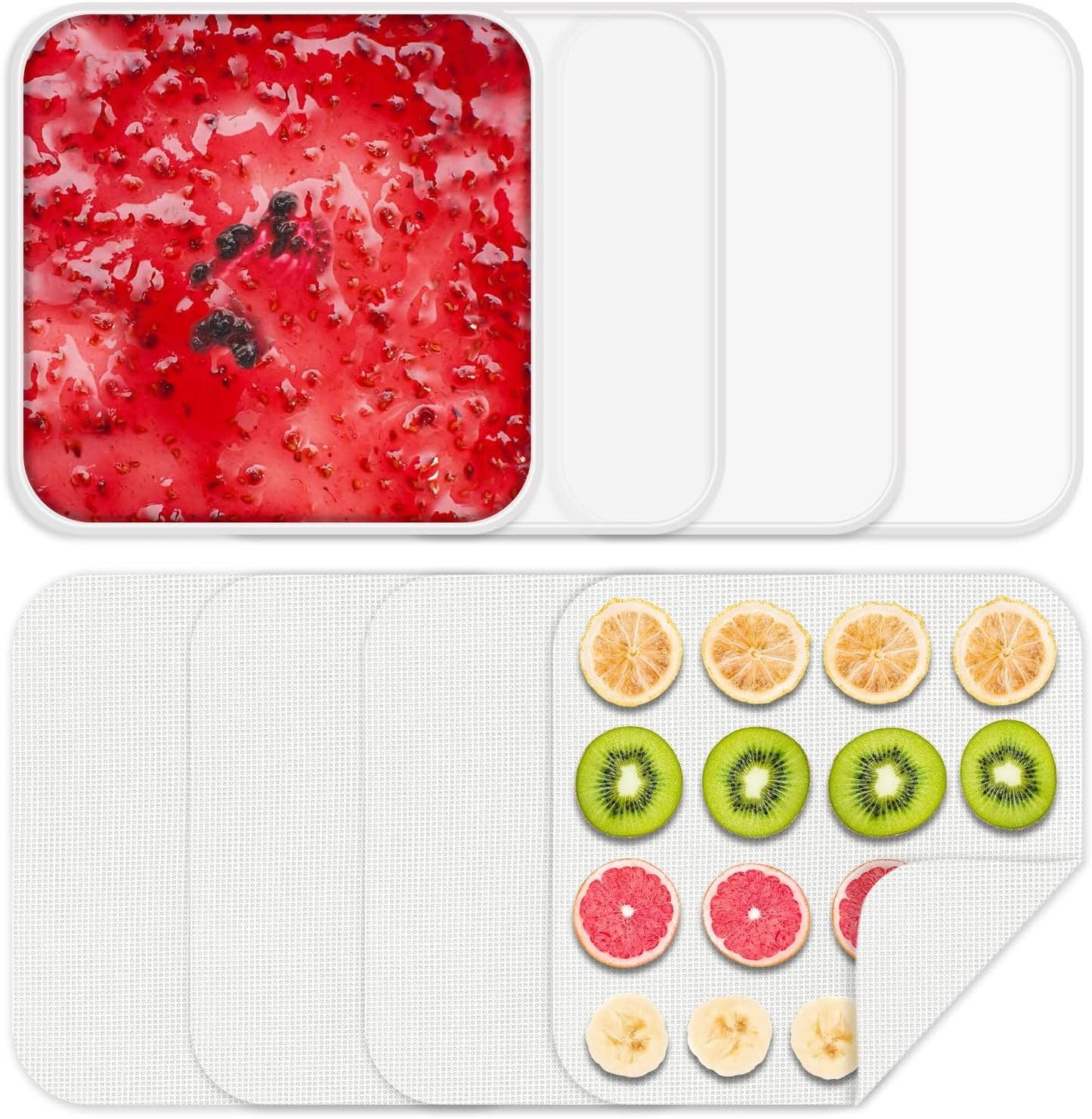 4 Pcs Silicone Food Dehydrator-Trays with Edge, 4 Pcs Mesh Dehydrator Mats,Reusable Non Stick Silicone Dehydrator Sheets (9.45x 9.45in) for Liquids,Fruit Leather,Herbs,Meat and Yogurt