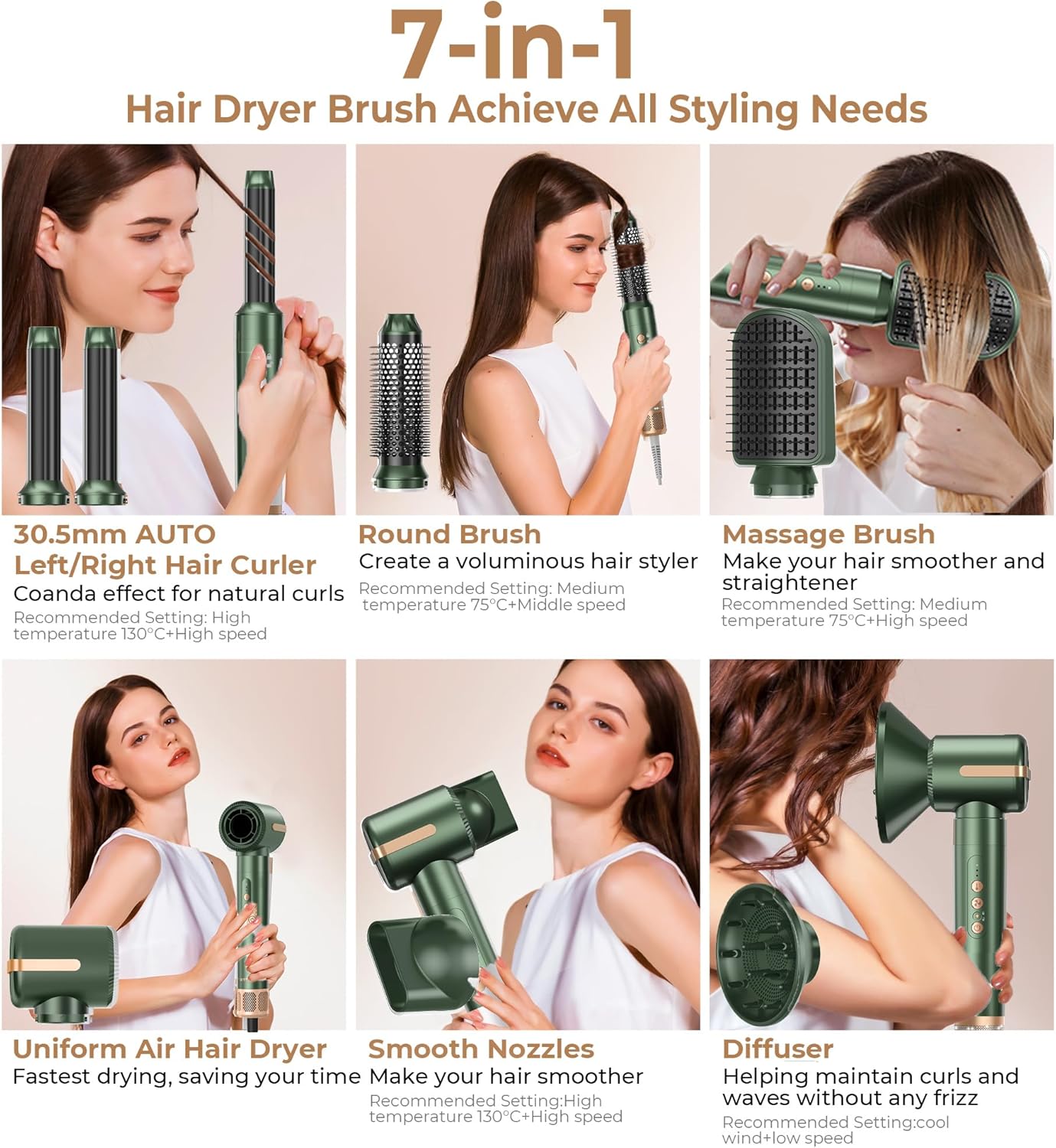 7 in ONE Hair Dryer Brush, Powerful Blow Dryer Brush with Auto- Wrap Curler, Detachable Fast Drying, Volumizing, Curling, Straightening, Ionic Hair Dryer with Diffuser, Hair Styling Tools 100-120V