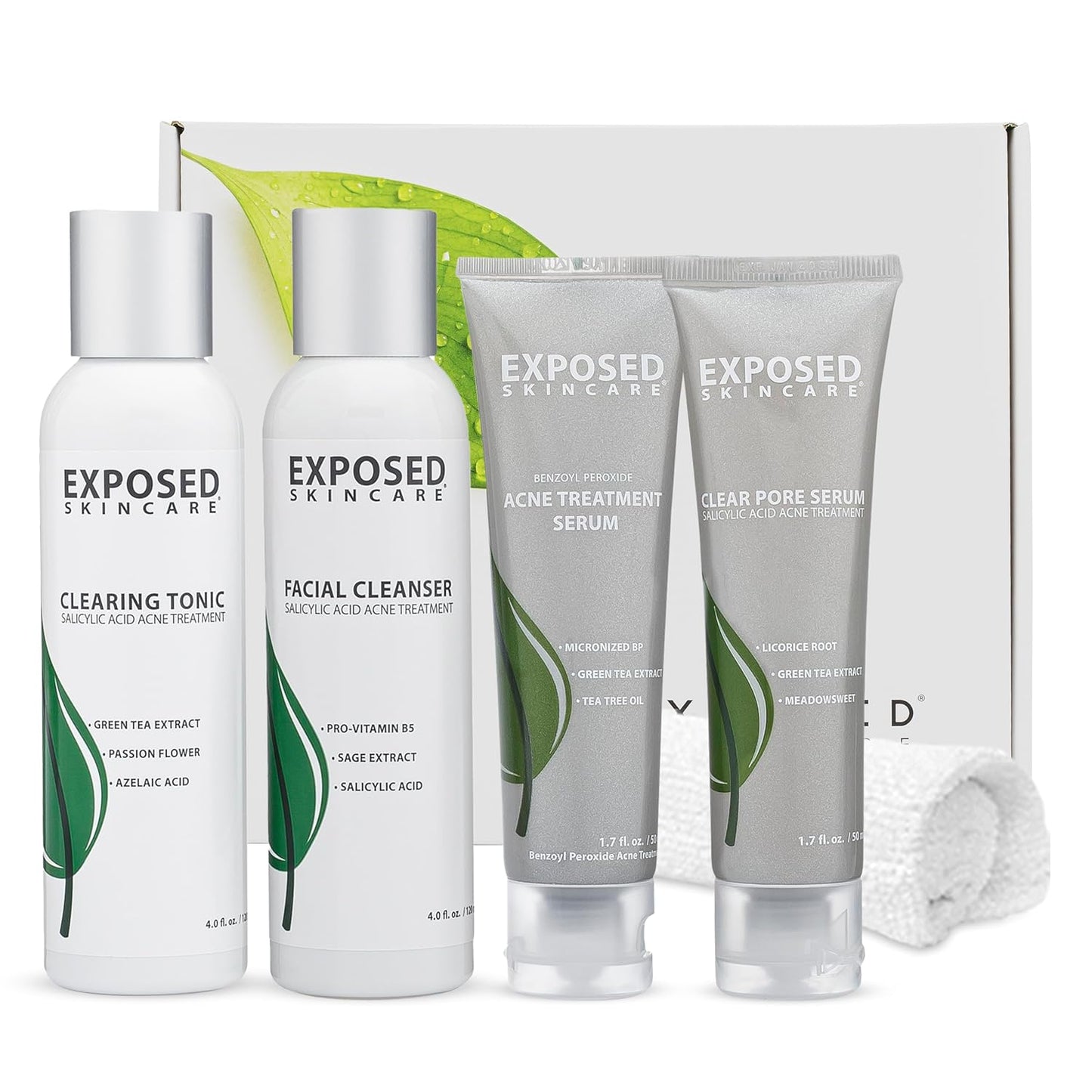 Exposed Skin Care Basic Acne Treatment Kit - Includes Salicylic Acid Face Wash, Clearing Tonic, Treatment Serum with Benzoyl Peroxide, Clear Pore Serum - Natural Acne Solution for All Skin Types