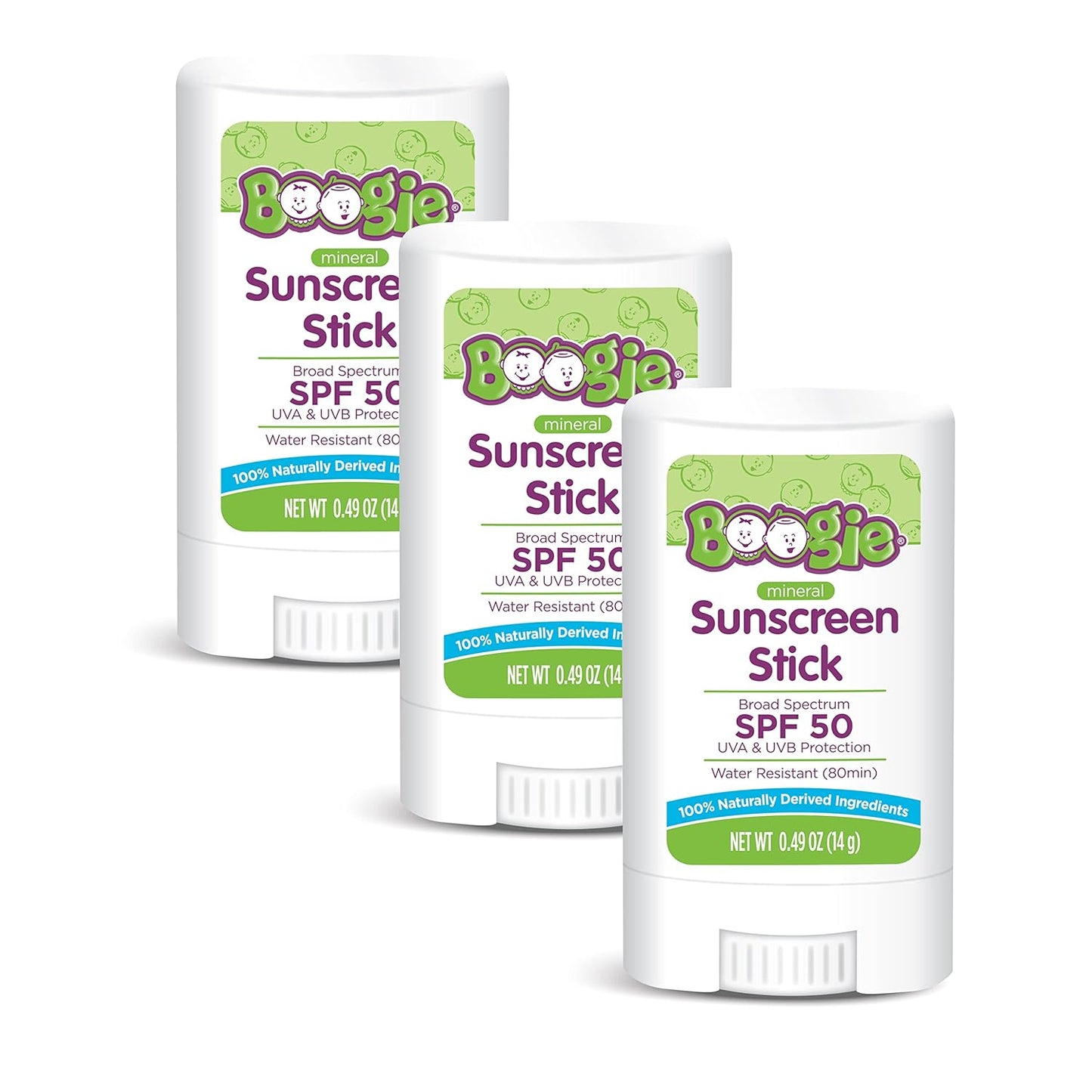 Baby Sunscreen Stick by Boogie Block, Mineral Sunscreen SPF 50, Travel Size Sunblock for Kids, Zinc Oxide, Water Resistant, Vegan, Fragrance Free Pack of 3