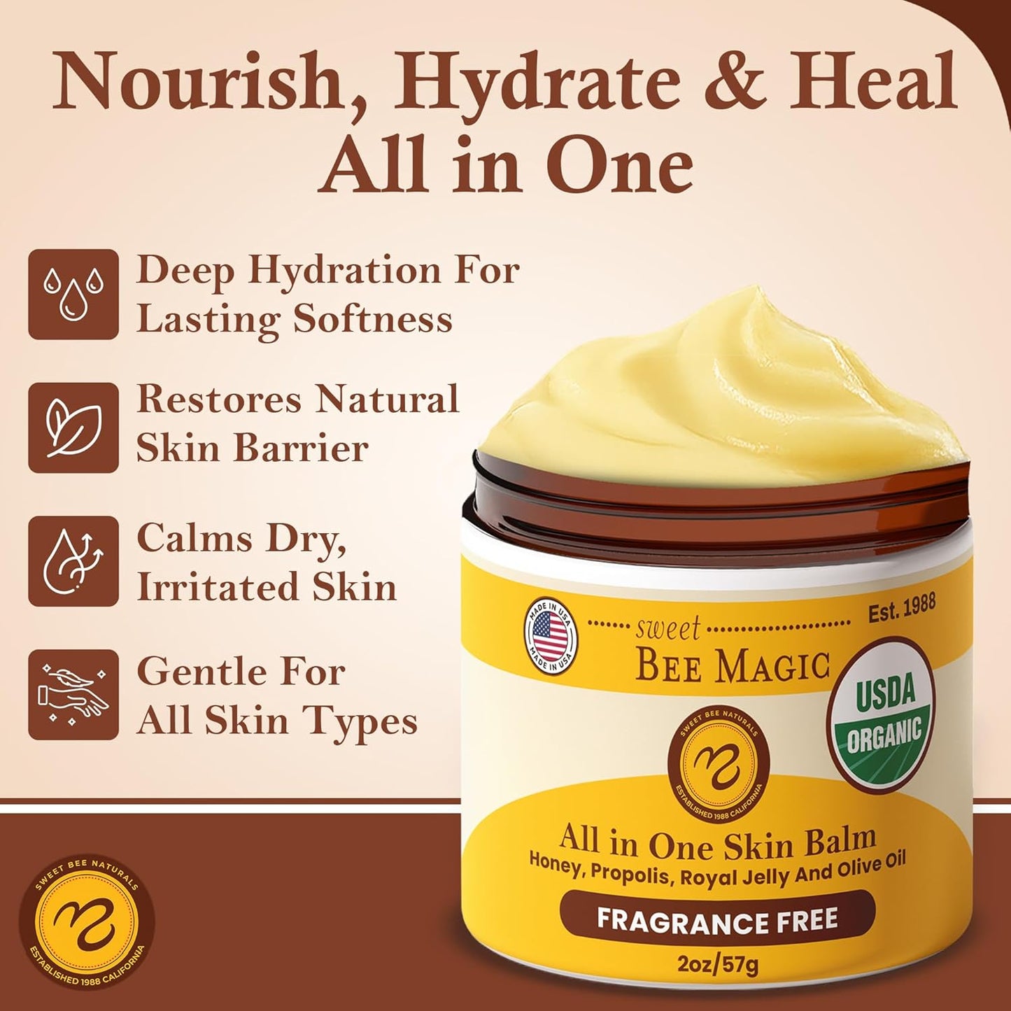 Sweet Bee Magic All In One Healing Organic Balm - Natural Skin Healing Cream, Beeswax Balm for Dry Skin, Face & Body Moisturizer - Certified Organic, All Natural Aid - 2 Jars (2oz Each,4oz Total)