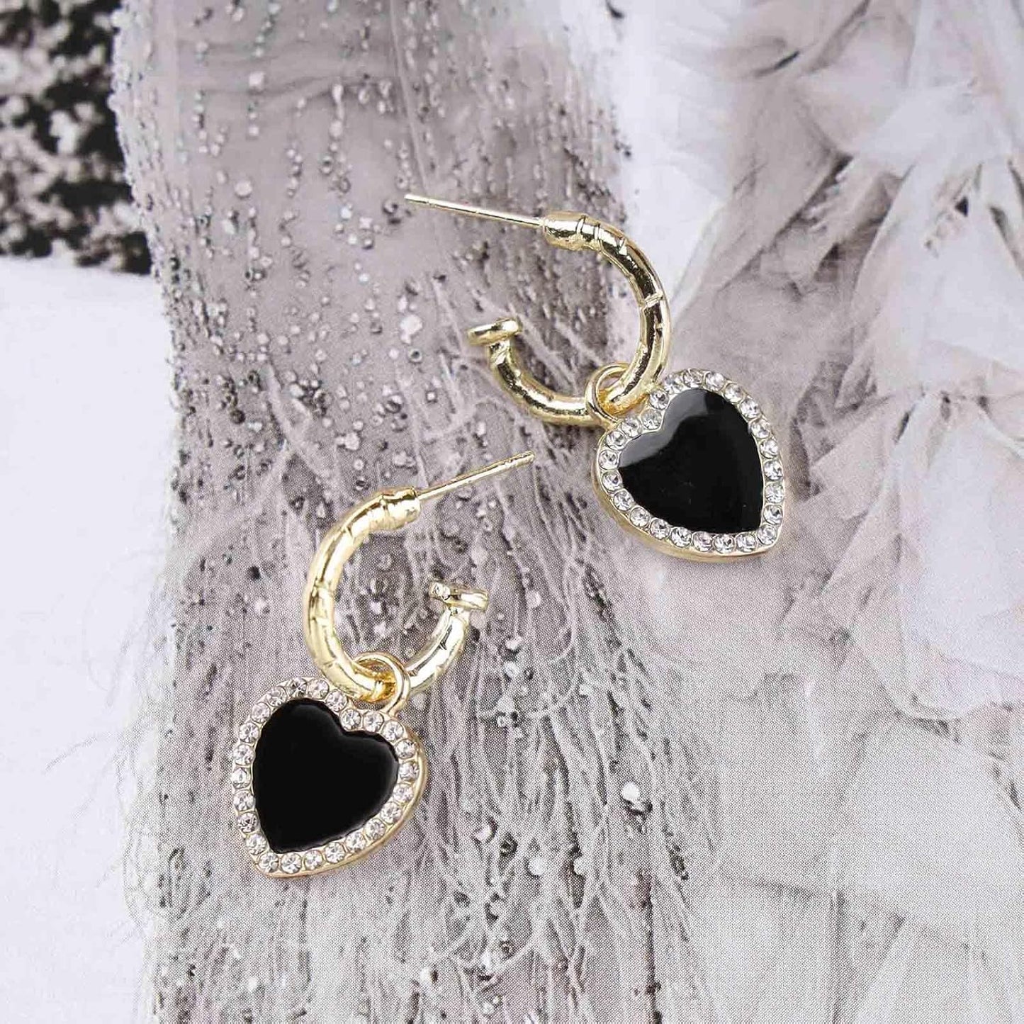 Vintage Crystal Heart Drop Earrings Black Heart Onyx Earrings Black Heart Hoop Huggie Earrings Gold Cz Love Heart Earrings Jewelry for Women