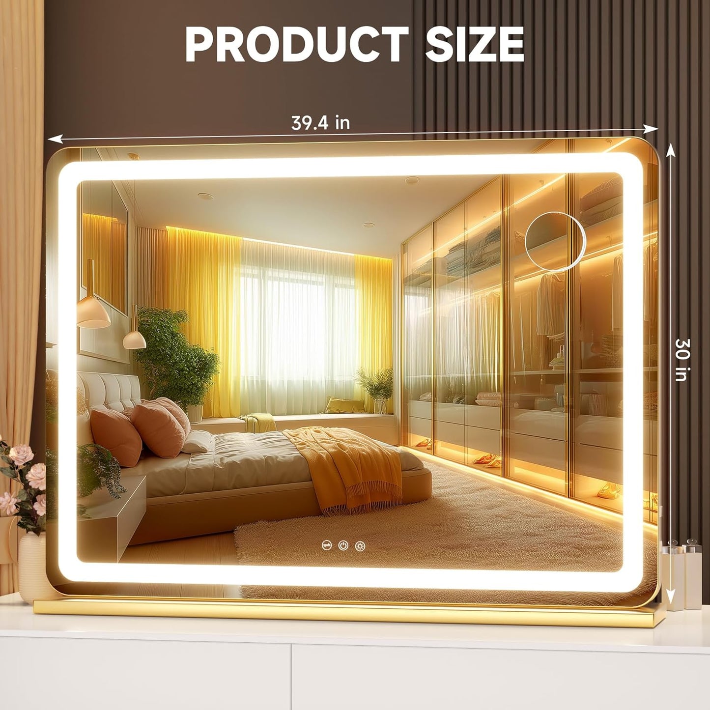 Hasipu Vanity Mirror with Lights, 39.4" x 30" LED Makeup Mirror, Lighted Makeup Mirror with Dimmable 3 Modes, Touch Screen Control Vanity Mirror Round Gold