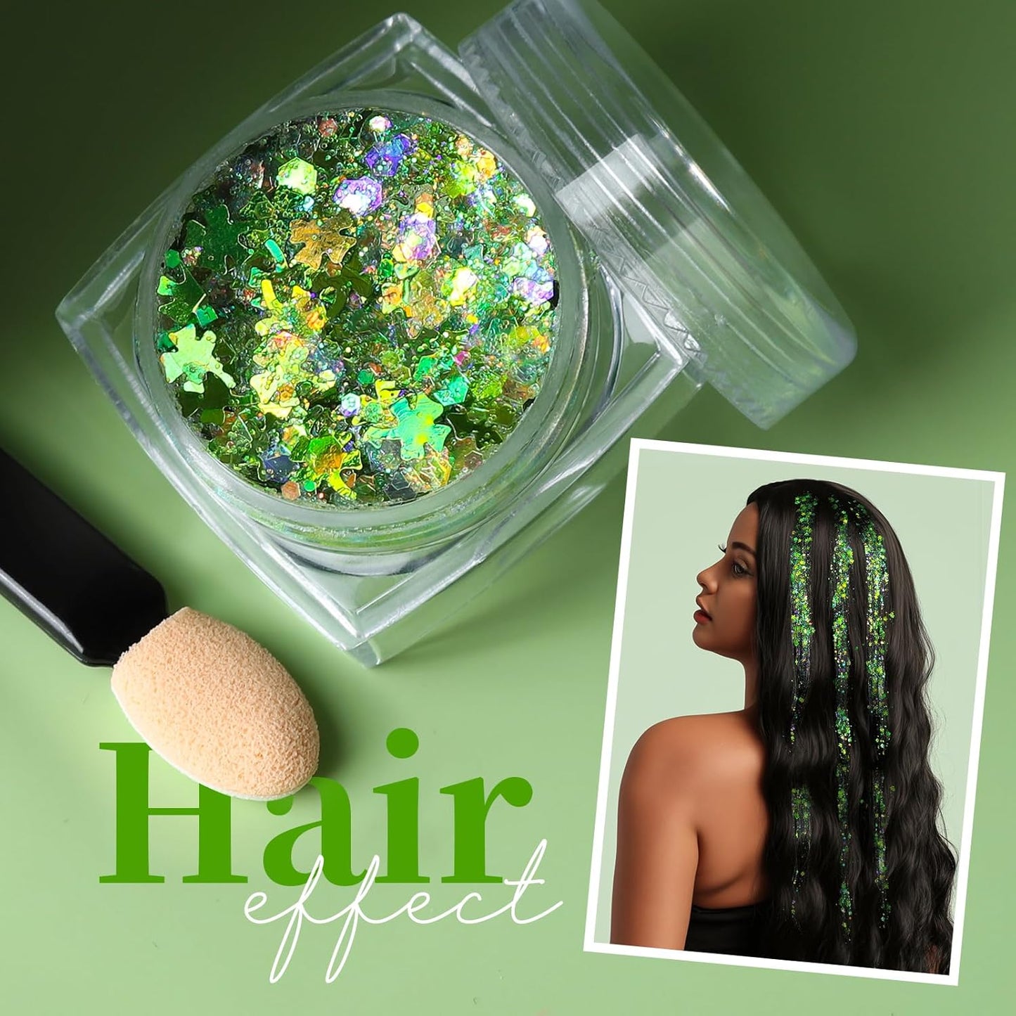 Teenitor Green Face Glitter, 6 Shapes Face and Body Glitter, Hair Glitter Gel, Body Glitter Gel for Festival Makeup, Makeup Glitter for Face, Body, Hair