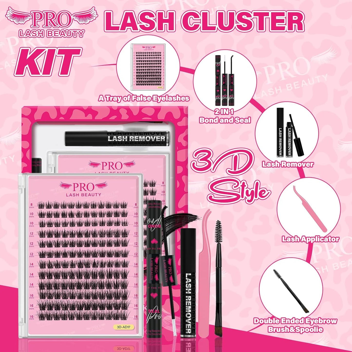 PROLASHBEAUTY Lash Clusters Kit 3D Volume Plushy Eyelash Clusters Kit Ultra Thin Band Soft Clusters Lashes Kit with Waterproof Lash Bond and Seal Remover (Attraction-3D, 8-16mix)