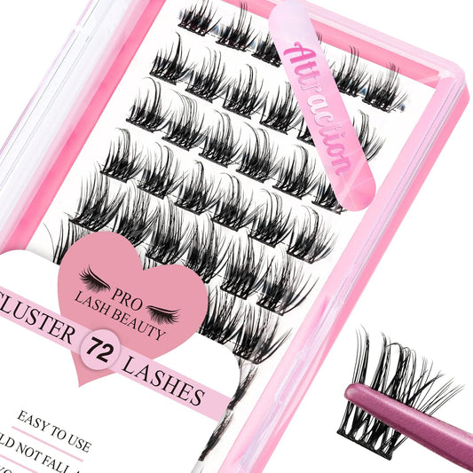 Cluster Lashes 72 Pcs Lash Clusters DIY Eyelash Extension Individual Lashes D-16mm Thin Band Easy to Apply at home Lashes (Attraction, D-16mm)