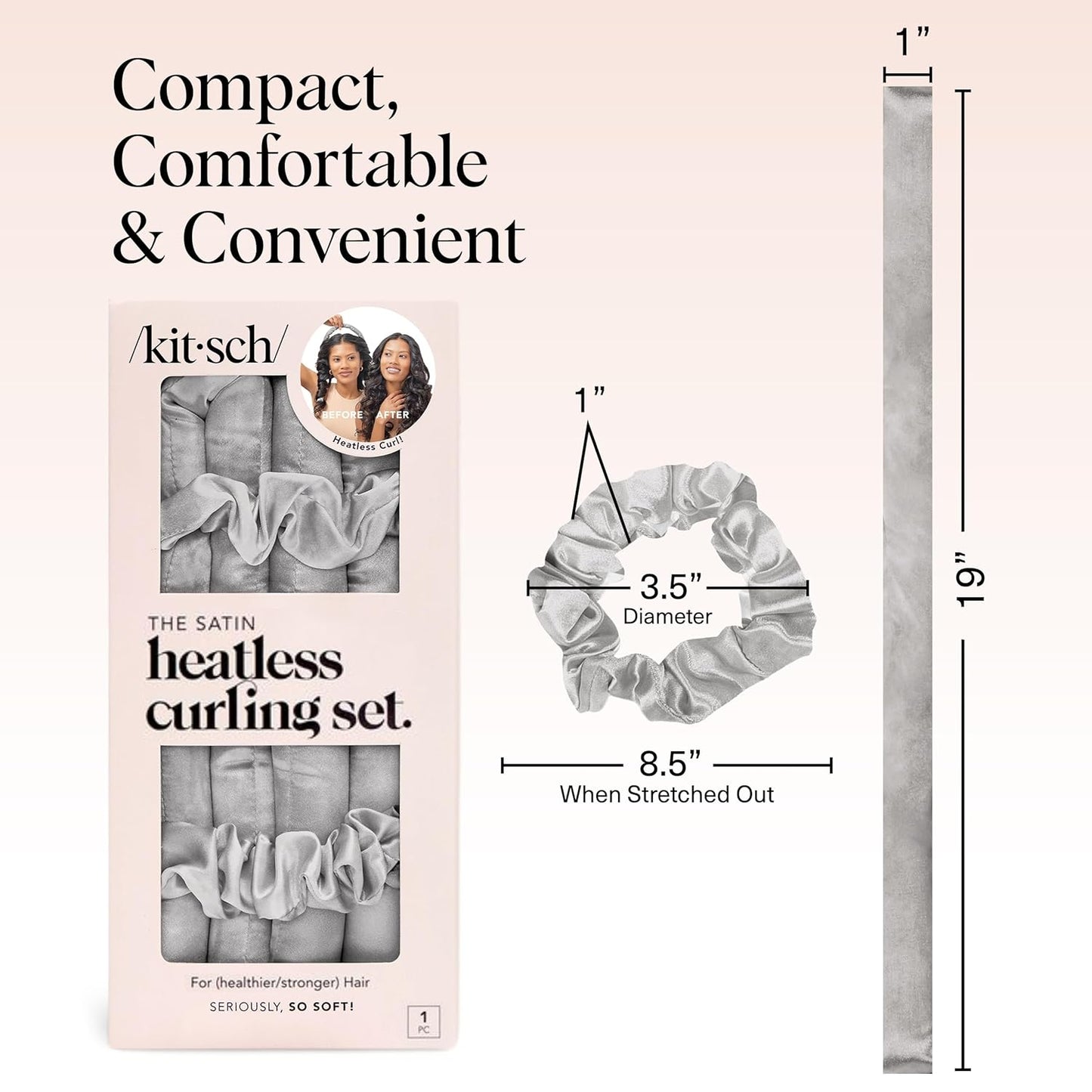 Kitsch Satin Heatless Curling Set – Heatless Hair Curler for Women, Hair Curler to Sleep In - with 2 Satin Scrunchies for Overnight Curls – No Heat Damage Styling with Heatless Curler - Silver