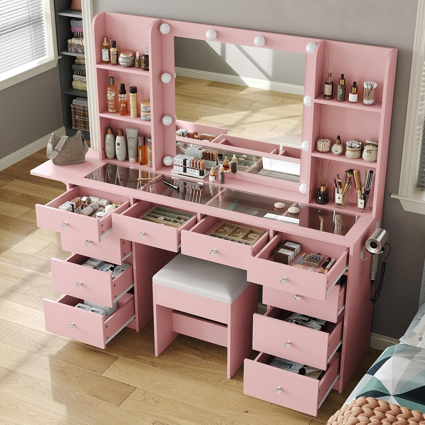 Vanity with Mirror and LED Lights,Vanity Desk with Power Outlet, Makeup Vanity with Drawers and 2 Cabinets, Fold-up Panel, Glass Top Vanity Table with Chair for Bedroom (10 Drawers, Pink)