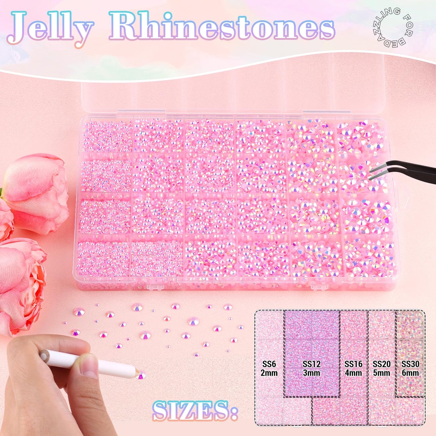 25000Pcs Resin Rhinestones with Tweezers for Crafting, 2-6mm Mixed Sizes (Light Pink AB) Non Hotfix Flatback Gems, Bedazzling Crystal for DIY Crafts Clothing Tumblers Mugs Shoes Decor Nail Art
