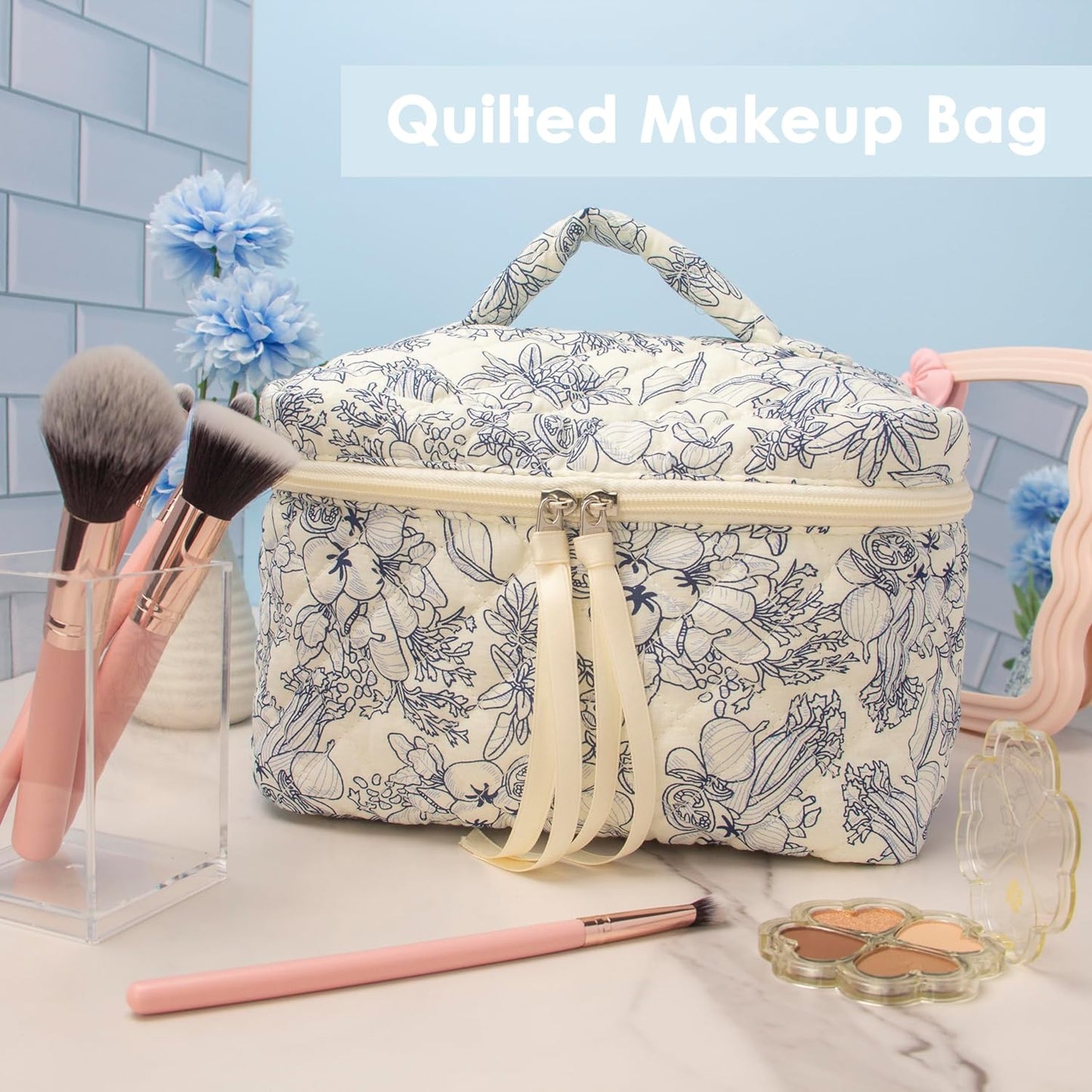 PAZIMIIK Quilted Makeup Bag Large Travel Zipper Soft Cosmetic Case for Women Girls Make Up,Flower White