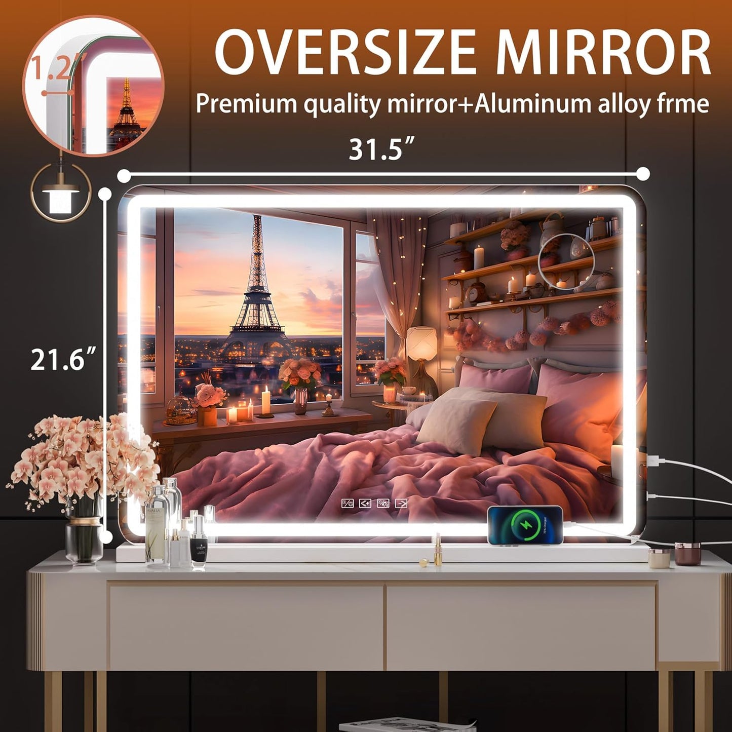 Hasipu Vanity Mirror with Lights and Bluetooth Speaker, 32" x 21.7" LED Makeup Mirror, Lighted Makeup Mirror with Dimmable 3 Modes, USB Charging Port, Round White