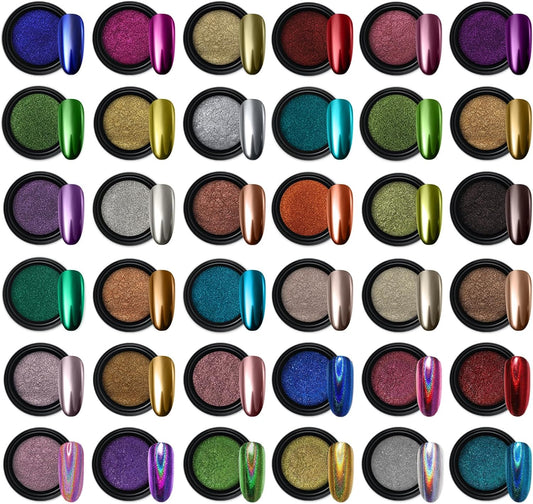 Artdone 36 Jars Chrome Nail Powder Nail Art Fimo Decoration Metallic Mirror Effect Holographic Aurora Chameleon Pigment Powder 1g/Jar Pearl for Resin Craft & Nail Art