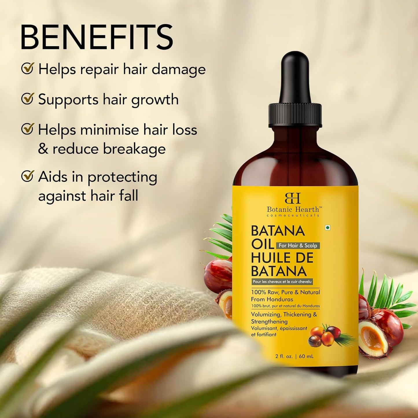 Botanic Hearth 100% Pure Batana Oil for Hair Growth- Weightless(Glass bottle 2 fl oz) from Honduras|Hair Oil Repairs Dry Damaged Hair, Strengthening, Healthier Hair- Hair Tonic