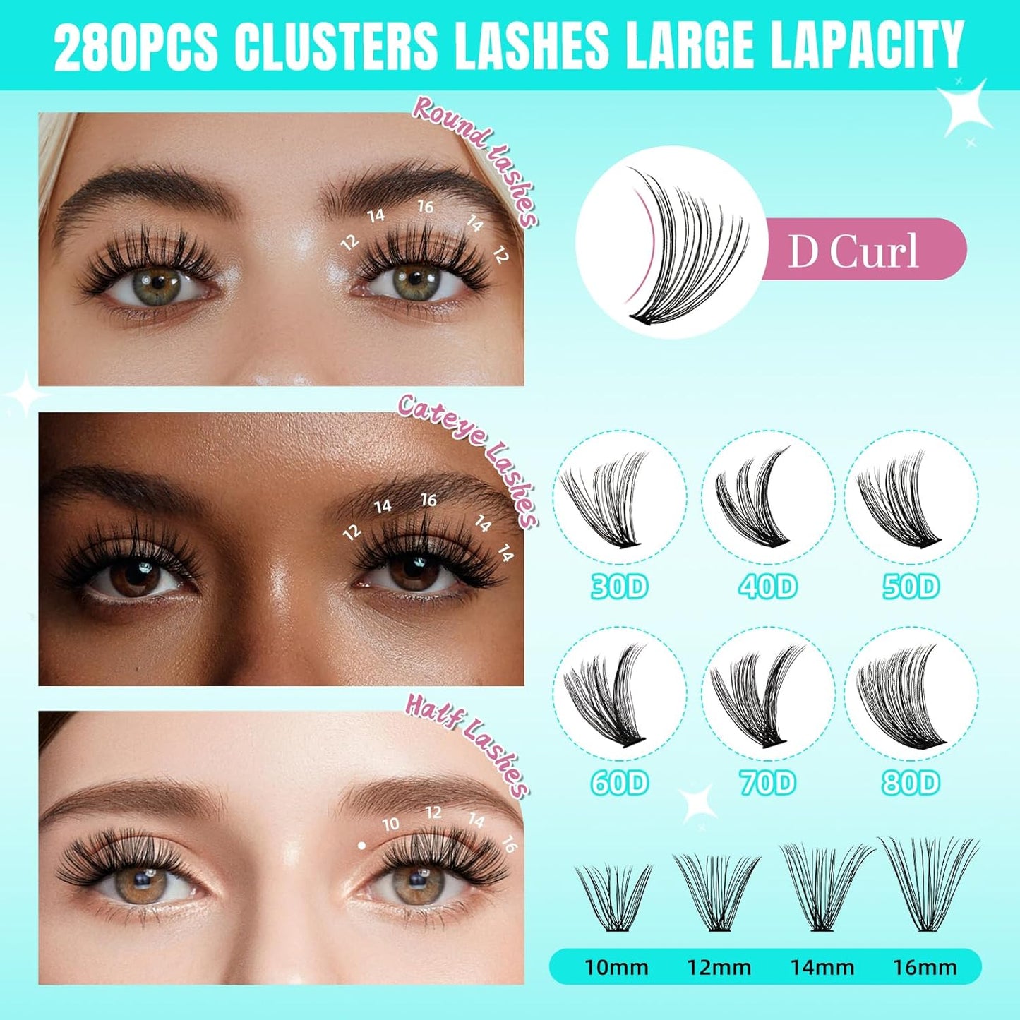 Lash Clusters Wispy 280PCS Eyelash Extension 30D 40D Cluster Lashes Individual Lashes DIY Lash Extension Natural Look Cluster Eyelash Extensions Soft False Eyelashes at Home for Beginners(16mm)