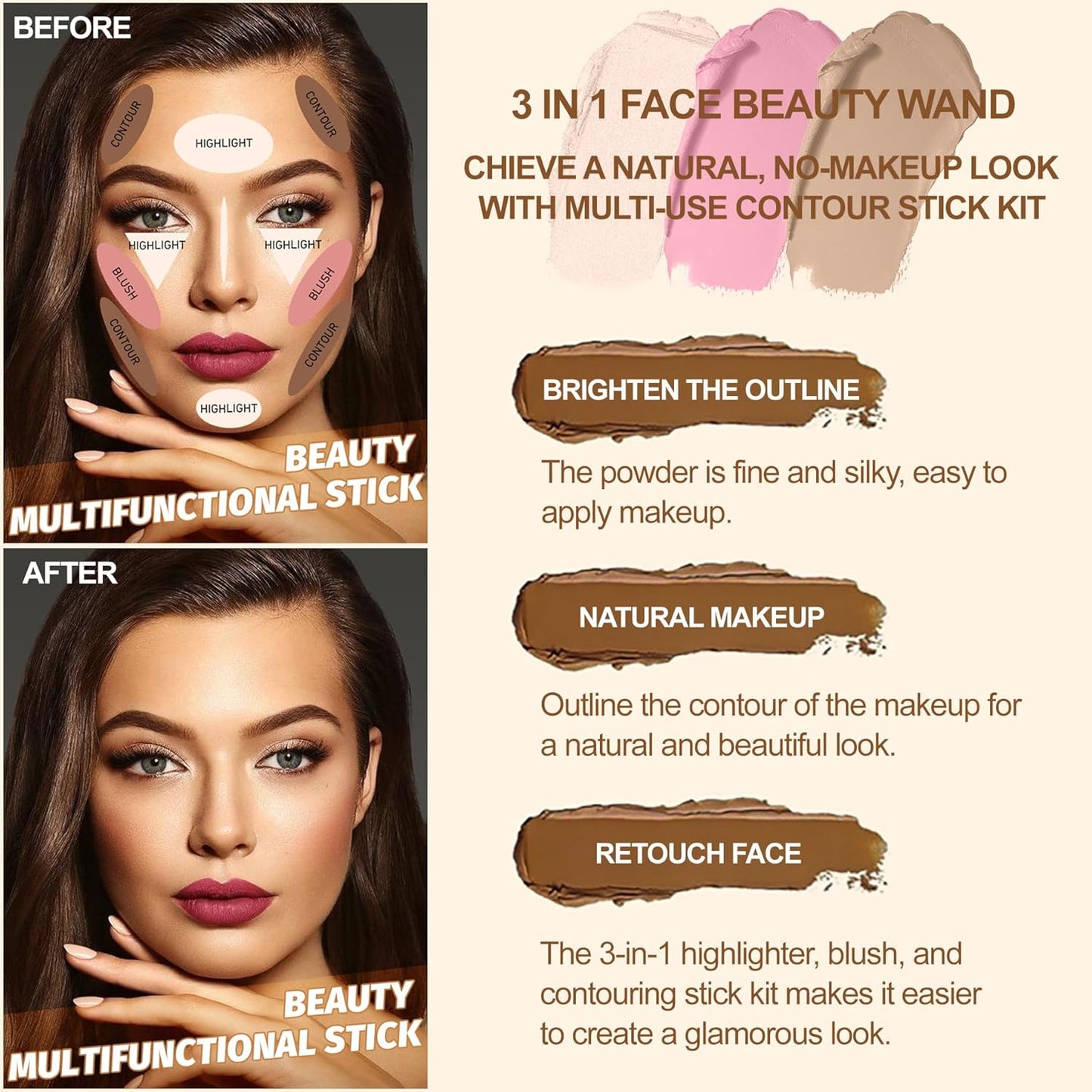 Lezero 3Pcs Contour Stick Makeup Kit, Shades with Highlighter, Blush and Bronzer Stick for Sculpt the Face and All Skin Type, Long Lasting, Smooth, Dewy & Matte Finish, #1 LIGHT FAIR