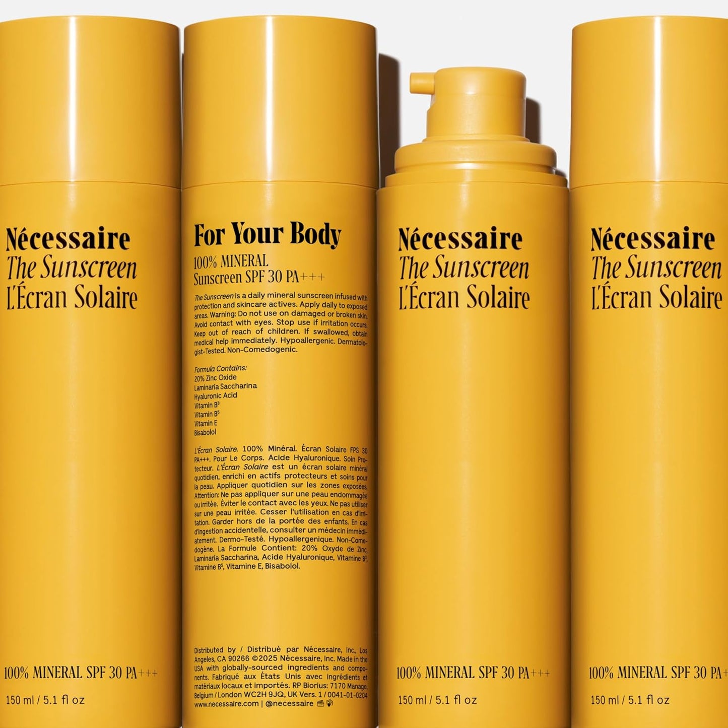 Nécessaire The Mineral Sunscreen SPF 30 PA+++. For The Body. Broad Spectrum. Zinc Oxide, Hyaluronic Acid, Niacinamide. Hydrate. Protect Against Sun Damage + Premature Aging. Dermatologist-Tested 5.1oz
