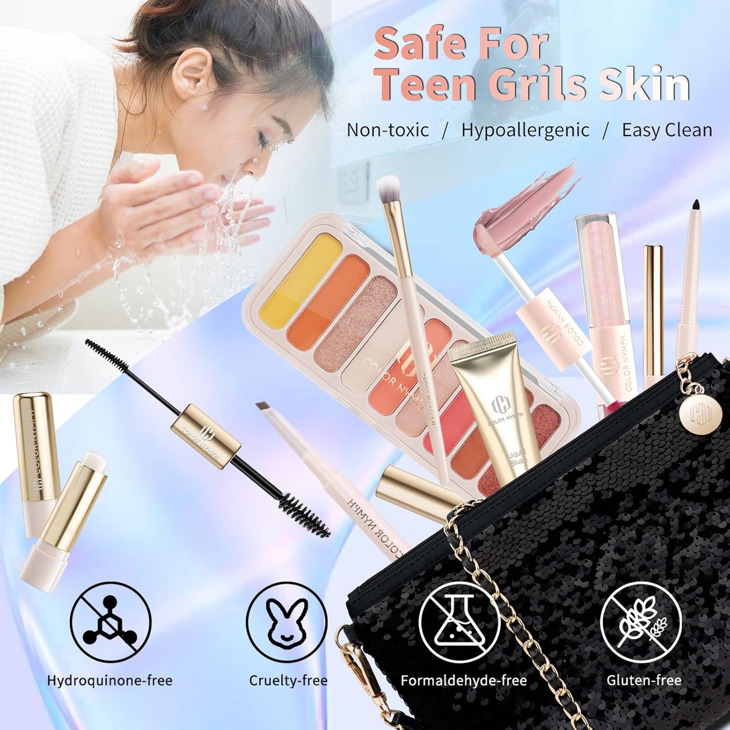 Color Nymph Teen Girls Makeup Kits, Makeup Kit For Girls All In One Makeup Sets For Women With Sequin Bag Packed Individually 9 Colors Eyeshadow Palette Lip Gloss Eyeliner Mascara -Orange Pink