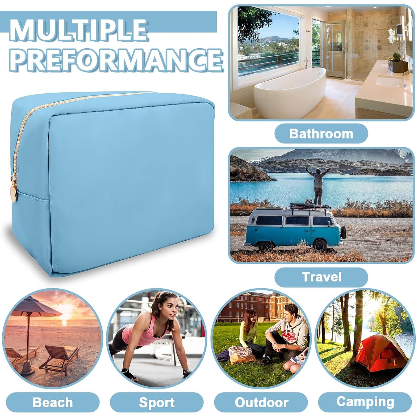 Large Makeup Bag Pouch,Nylon Women Travel Toiletry Storage Bag Preppy Cosmetic Bag for Girls,Big Makeup Organizer Bag Cute Zipper Pouch Skincare Bag for Sport Work Gift(Large-Periwinkle)