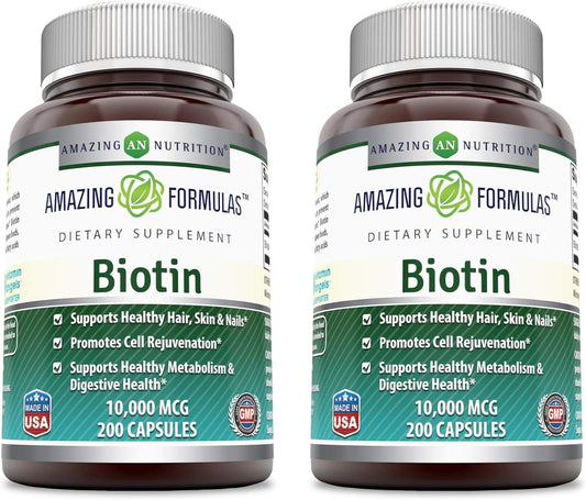 Amazing Formulas Biotin 10000 mcg Veggie Capsules | Vitamin B7 Supplement | Non-GMO | Gluten Free | Made in USA (200 Count | 2 Pack)