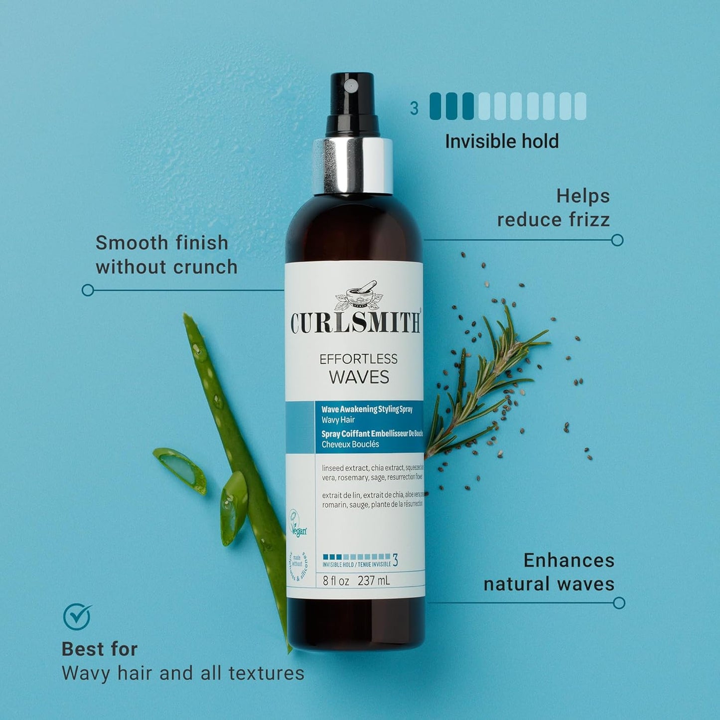 CURLSMITH - Effortless Waves Styling Spray, Lightweight and Moisturising, Reduce Frizz, Natural Look, For Wavy and Curly Hair, Vegan (8oz)