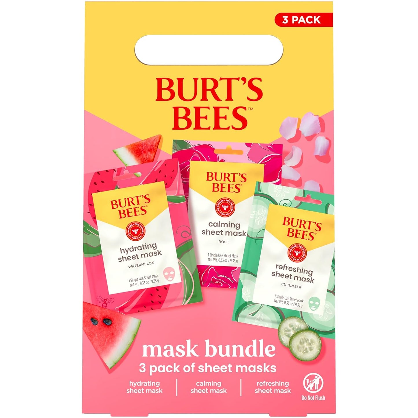 Burt's Bees Face Mask Bundle Set, Hydrating Watermelon, Calming Rose, & Refreshing Cucumber, Face Sheet Masks for Single Use Skin Care, 99% Natural Origin, 3 Count, 0.33oz Each