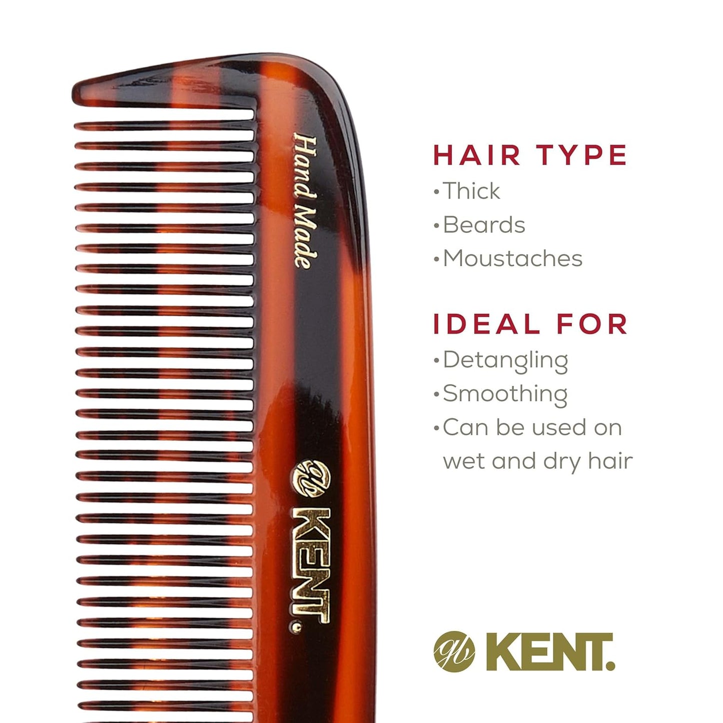 Kent 12T Wide Tooth Detangling Comb - Handmade Pocket Comb for Thick, Curly, and Wavy Hair, Large Tooth for Grooming Hair, Beard, and Mustache - Saw-Cut and Hand Polished