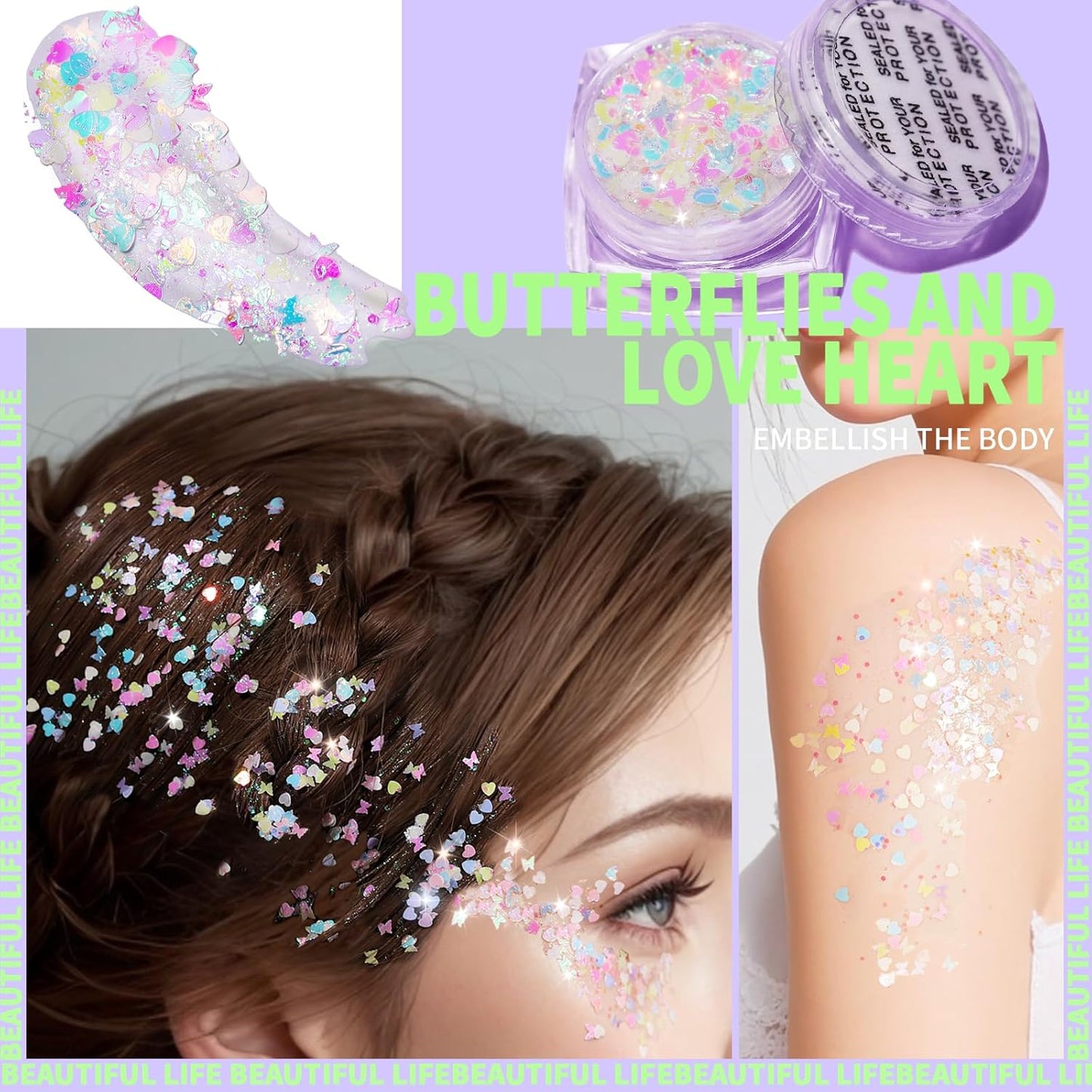 Teenitor Face Glitter Body Glitter, Clear White Body Glitter Gel, Hair Glitter Gel, 6 Shapes Rave Glitter, Mermaid Sequins Makeup Glitters Face Paint, Chunky Sparkling Glitter Gel for Women