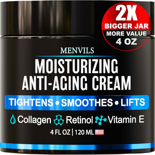 Mens Face Moisturizer Cream - Anti Aging & Wrinkle for Men with Collagen, Retinol, Vitamins E, Jojoba Oil - Face Lotion - Age Facial Skin Care - Eye Wrinkle - Day & Night - 4 oz